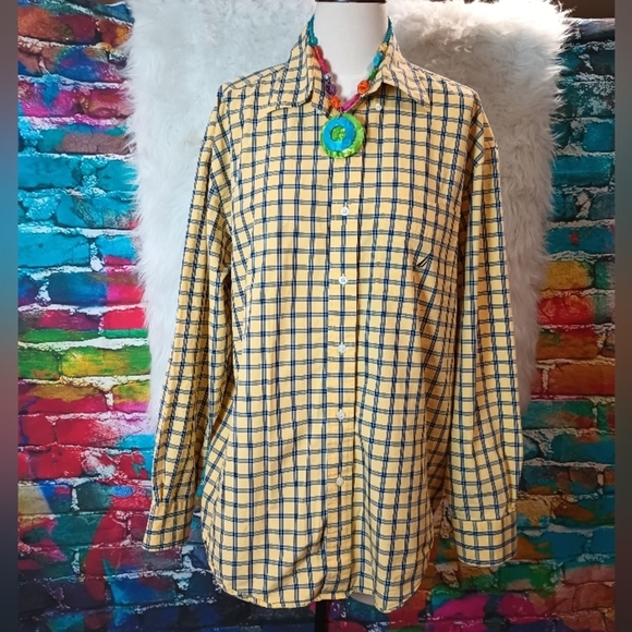 Nautica Yellow and Blue Checkered Plaid Long Sleeve Front Button Down Top Size L - Picture 1 of 11